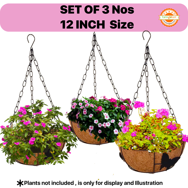 12 Inch – Set of 3 Pieces, Hanging Planter Metal Basket with Coco Coir Liner